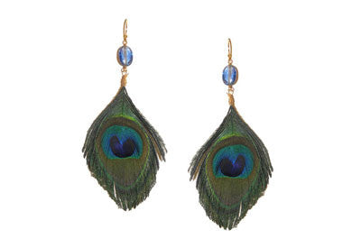 Cut Peacock Feather Earrings with Bead Accent