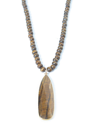 Wood Beaded Tiger's Eye Necklace
