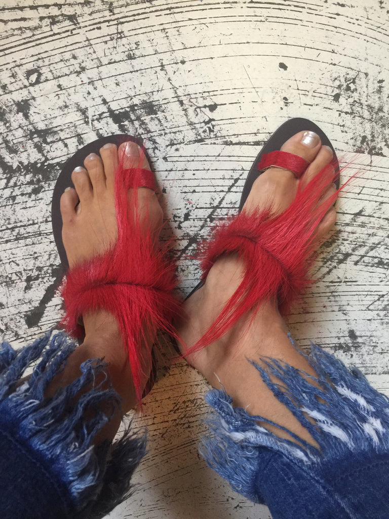 Red best sale fur sandals