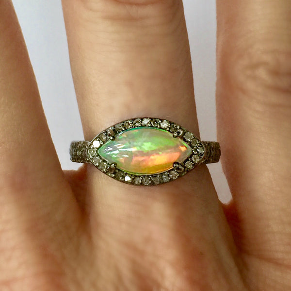 Oval Marquis Opal and Diamond Ring